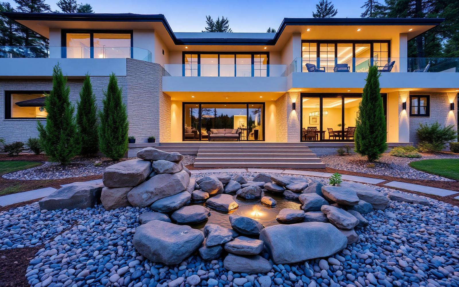 Luxury villa landscape featuring natural stones